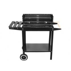 Prostokątny grill ogrodowy na kółkach z półką na przyprawy blatem i wyposażeniem