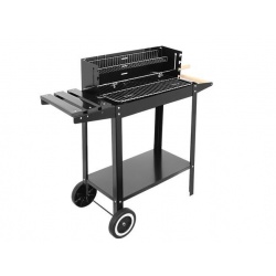 Prostokątny grill ogrodowy na kółkach z półką na przyprawy blatem i wyposażeniem