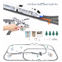 Kolejka elektryczna 9 metrów duży tor pociąg lokomotywa wagony most zwodzony