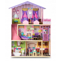 Drewniany domek dla lalek duży piętrowy meble taras winda 107 x 87 x 34 cm