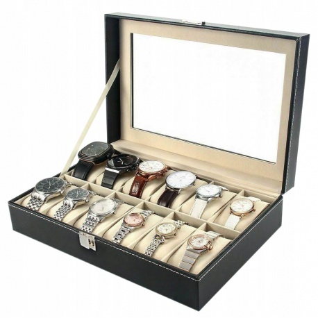 Organizer pudełko na biżuterię i zegarki kasetka 12 przegródek z szybką