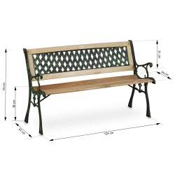 Ławka ogrodowa parkowa z oparciem drewno metal Fusio ozdobna 124 x 74 x 43 cm