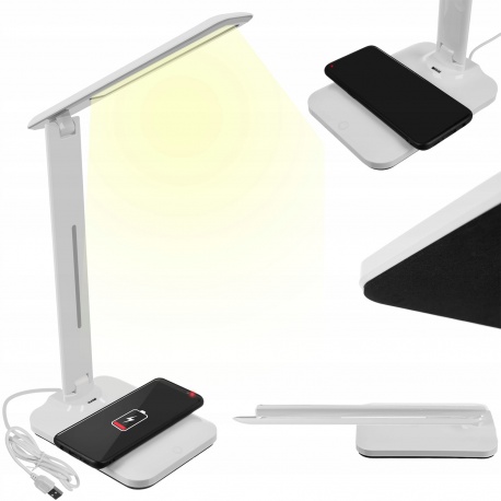Lampka biurkowa LED z ładowarką indukcyjną QI gniazdo USB 3 tryby oświetlenia