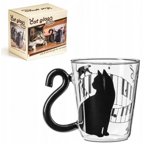 Kocia szklanka kubek z ogonem czarny kot dla kociary opakowanie na prezent