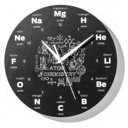 Wskazówkowy zegar ścienny chemika z symbolami pierwiastków chemicznych cichy mechanizm