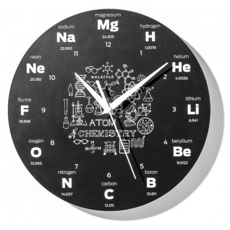Zegar ścienny chemika z symbolami pierwiastków chemicznych cichy mechanizm