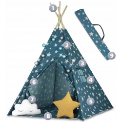Namiot dla dzieci tipi wigwam okno dwie poduszki lampki niebieski