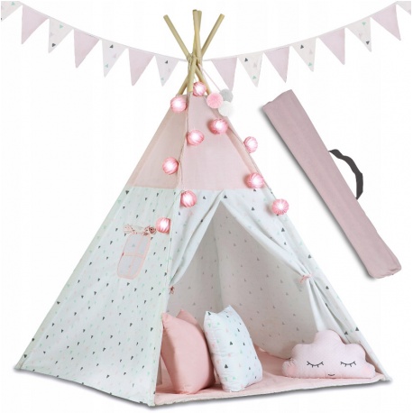 Namiot dla dzieci tipi wigwam 3 poduszki miękka mata girlandy różowy