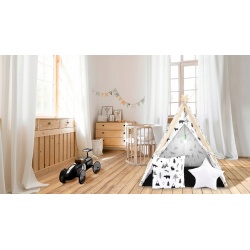 Namiot domek dla dzieci z naturalnego drewna i bawełny poduszki gruba mata lampka LED