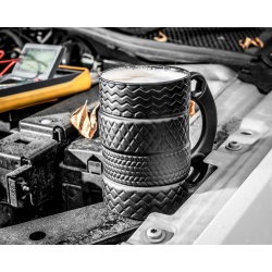 Czarny kubek mechanika OPONY ceramiczny z kluczem prezent dla taty do warsztatu