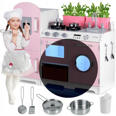 Różowa kuchnia drewniana dla dzieci piekarnik zlew lodówka pralka garnki