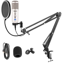 Mikrofon studyjny USB z echem i ramieniem Vonyx CMS320 biały czarny srebrny