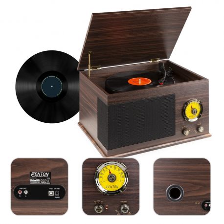 Gramofon z głośnikami Vintage USB, BT, FM drewno RP173 Fenton