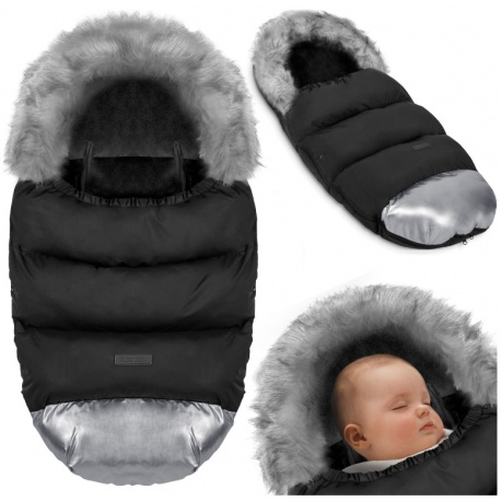 Ciepły śpiworek dla dziecka na zimę sanki do wózka czarno srebrny