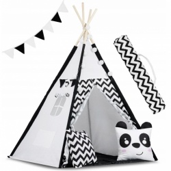 Namiot tipi dla dzieci z girlandą i światełkami biało czarny z pandą