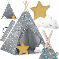 Namiot tipi dla dzieci z oświetleniem puduszkami Nukido szary w gwiazdki