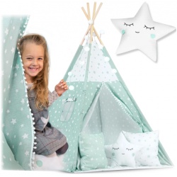 Namiot tipi dla dzieci ze światełkami 3 poduszki miętowe w gwiazdki