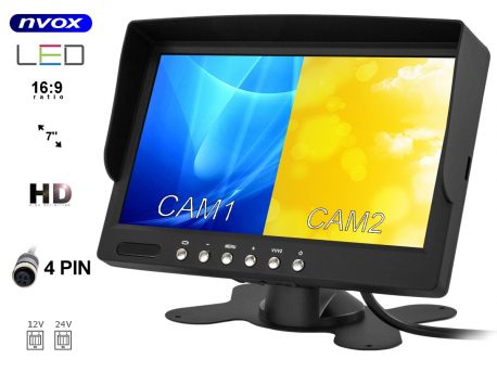 Monitor samochodowy LCD NVOX 7 cali do podglądu z kamery cofania 2x wejście video 4PinQuad