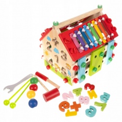 Sorter drewniany domek edukacyjny cyfry kostka cymbałki kulki dla dzieci