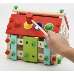 Sorter drewniany domek edukacyjny cyfry kostka cymbałki kulki dla dzieci