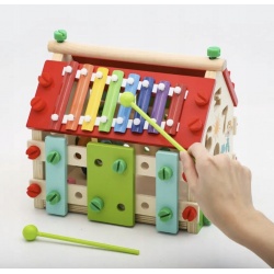 Sorter drewniany domek edukacyjny cyfry kostka cymbałki kulki dla dzieci