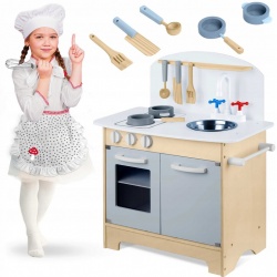 Kuchnia drewniana dla dzieci garnki sztućce zlew piekarnik