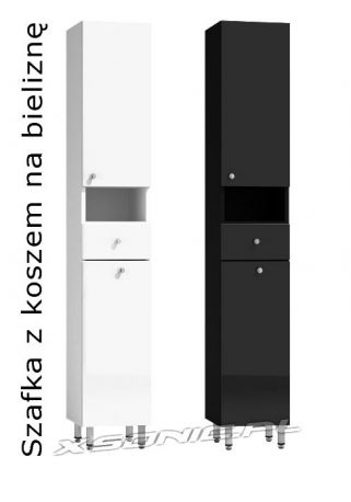 Szafka słupek do łazienki 30cm wysoki połysk z koszem na bieliznę i szufladą