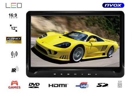 Przenośny odtwarzacz samochodowy NVOX 11.6 cali TFT LED FULL HD SD USB napęd DVD nadajnik IR FM