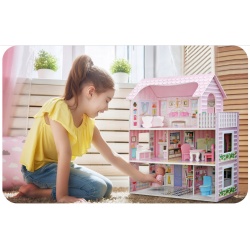 Drewniany domek dla lalek Ricokids zestaw zabawki mebelki 70 x 62 x 27 cm
