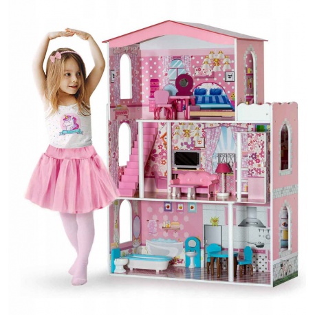 Różowy drewniany domek dla lalek duży 3-piętrowy meble taras winda