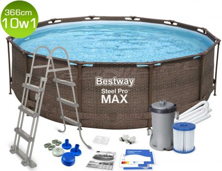 Basen ogrodowy 366 x 100 cm 10w1 okrągły Rattan stelażowy Bestway 56709