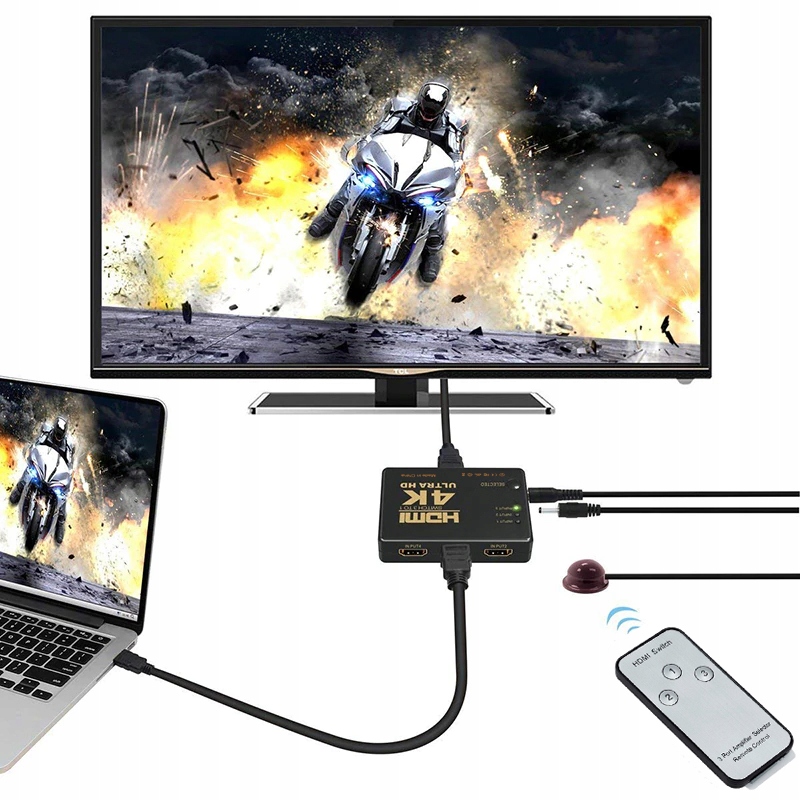 Switch HDMI 4K Ultra HD z pilotem spliter sygnału na 3 porty rozdzielacz