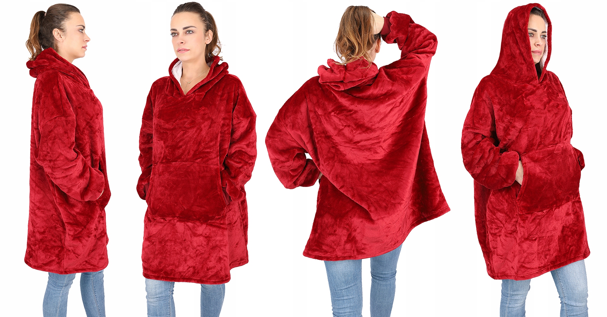 Ciepła bluza oversize XXL 2w1 koc włochacz Futrzak bordowa czarna uniseks