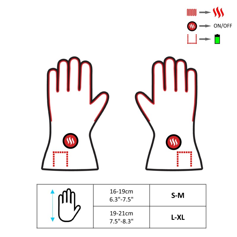Ogrzewane rękawice GLOVii z wodoodporną osłoną na palcach grzejące GYBML dokładne wymiary